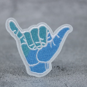 blue shaka sign patch, hand patch, iron on patch, embroidered patch, applique, patch for jacket, patch for backpack