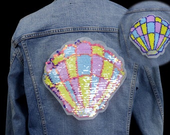 double-sided large sequined sea shell patch, sew on patch, embroidered patch, applique, patch for jacket, patch for backpack