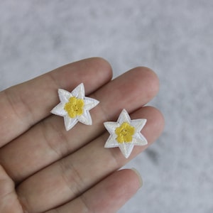 Könnte beinhalten: Zwei weiße gestickte Blumenpatches mit gelben Zentren in Form eines fünfzackigen Sterns.