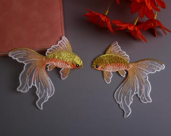 a pair of gorgeous organza goldfish patches, fish, golden, iron on patch, embroidered patch, applique, patch for jacket, patch for backpack