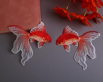 a pair of gorgeous organza goldfish patches, fish, red, iron on patch, embroidered patch, applique, patch for jacket, patch for backpack