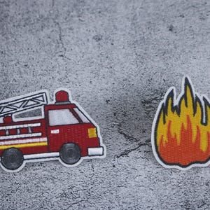 fire engine and fire patch, iron on patch, embroidered patch, applique, patch for jacket, patch for backpack