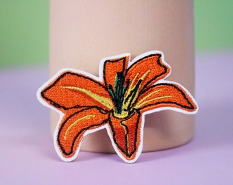 orange lily flower patch, iron on patch, embroidered patch, applique, patch for jacket, patch for backpack