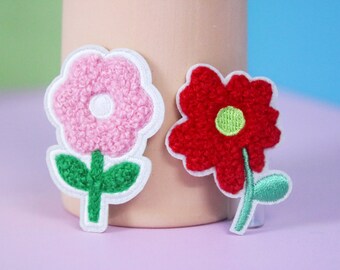chenille pink red flower patch, iron on patch, embroidered patch, applique, patch for jacket, patch for backpack