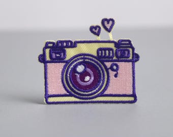 purple camera patch, iron on patch, embroidered patch, applique, patch for jacket, patch for backpack