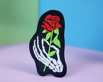 rose, skeleton hand, iron on patch, embroidered patch, applique, patch for jacket, patch for backpack
