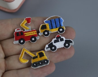 Mini Bagger Aufnäher, Bügelbild Bagger, Streifenwagen Aufnäher, Feuerwehrauto, Patch für Jacken, Applikationen, Bügelbild