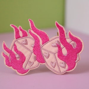 flaming pink dices patch, iron on patch, embroidered patch, applique, patch for jacket, patch for backpack