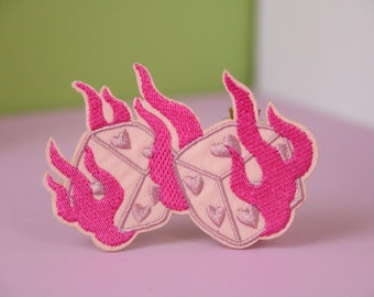 flaming pink dices patch, iron on patch, embroidered patch, applique, patch for jacket, patch for backpack