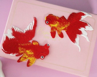 a pair of gorgeous goldfish patch, red, iron on patch, embroidered patch, applique, patch for jacket, patch for backpack