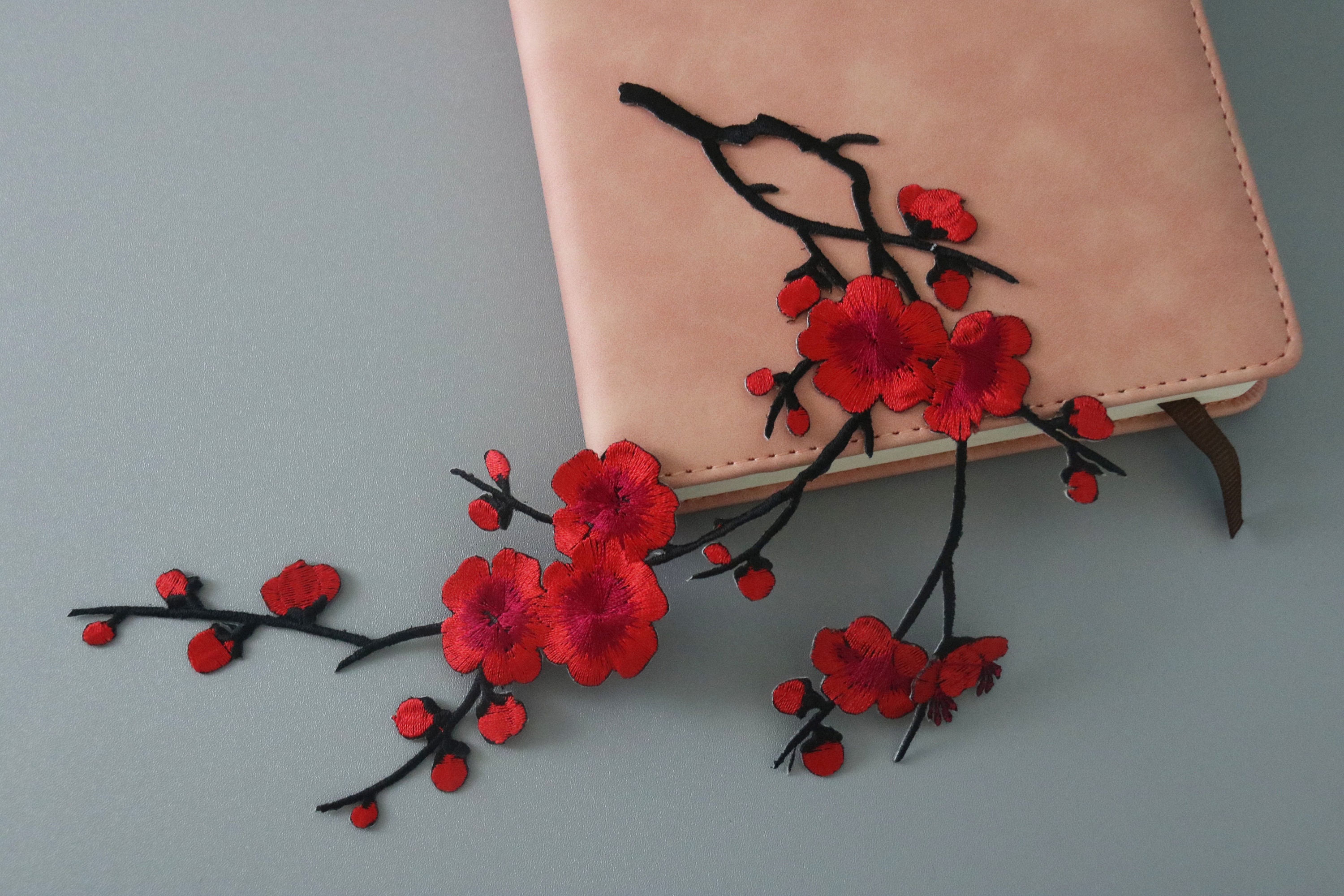 large red cherry blossom patch, flower patch, iron on patch, embroidered patch, applique, patch for jacket, patch for backpack