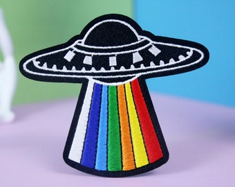 parche OVNI arco iris, Alien, hierro en parche, parche bordado, aplique, parche para chaqueta, parche para mochila