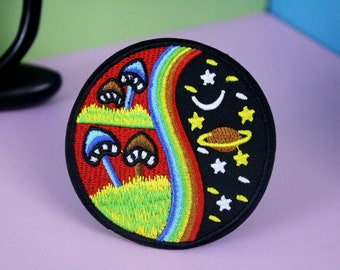 mushroom and rainbow and space patch, iron on patch, embroidered patch, applique, patch for jacket, patch for backpack
