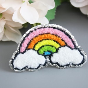 chenille silver sparkling rainbow patch, iron on patch, embroidered patch, applique, patch for jacket, patch for backpack