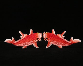 a pair of large gorgeous red Koi fish patch, iron on patch, embroidered patch, applique, patch for jacket, patch for backpack