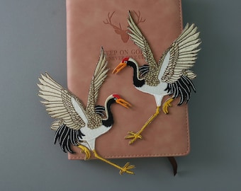 a pair of large Japanese cranes patch, bird patch, iron on patch, embroidered patch, applique, patch for jacket, patch for backpack