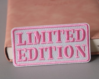 limited edition patch, pink, word patch, iron on patch, embroidered patch, applique, patch for jacket, patch for backpack