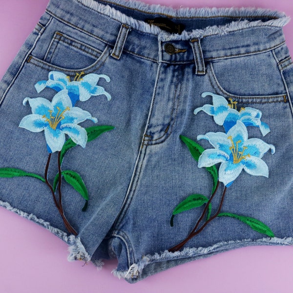 a pair of large sky blue lily flower patch, iron on patch, embroidered patch, applique, patch for jacket, patch for backpack
