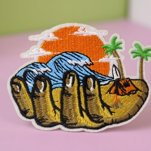 sea wave and beach on the hand patch, iron on patch, embroidered patch, applique, patch for jacket, patch for backpack