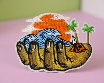 sea wave and beach on the hand patch, iron on patch, embroidered patch, applique, patch for jacket, patch for backpack
