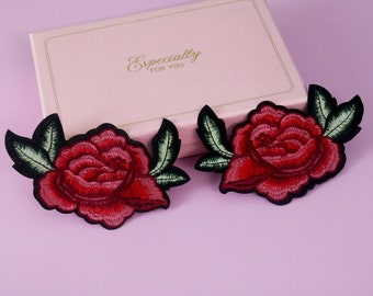 a pair of red rose flower patch, iron on patch, embroidered patch, applique, patch for jacket, patch for backpack