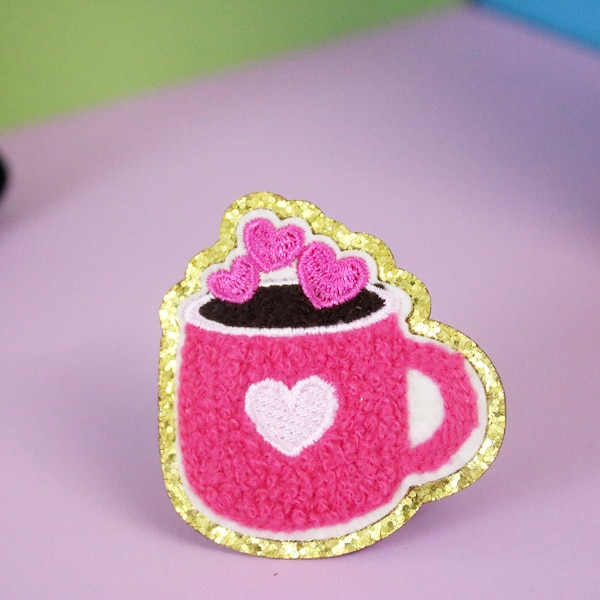 chenille love coffee patch, heart patch, iron on patch, embroidered patch, applique, patch for jacket, patch for backpack