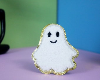 Parche de chenilla blanca con diseño de fantasma, bonito, para planchar, bordado, aplique, para chaqueta o mochila.