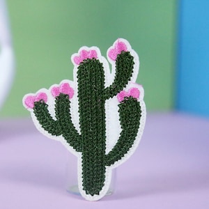 Peut inclure: Un cactus vert avec des fleurs roses brodées sur un patch en tissu blanc.