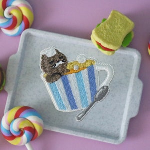 tiny cute bear takes a bath in the coffee patch, iron on patch, embroidered patch, applique, patch for jacket, patch for backpack