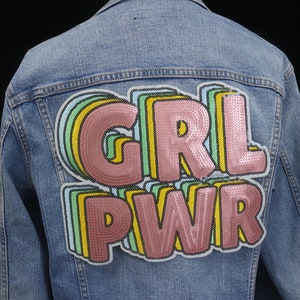 large sequined girl power patch, girly patch, feminist, iron on patch, embroidered patch, applique, patch for jacket, patch for backpack
