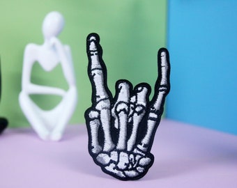 rock on patch, skeleton finger patch, iron on patch, embroidered patch, applique, patch for jacket, patch for backpack