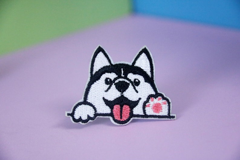 Écusson bonjour, écusson husky, écusson chien, écusson thermocollant, écusson brodé, appliqué, écusson pour veste, écusson pour sac à dos image 1