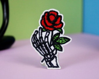 rose, flower, skeleton hand patch, iron on patch, embroidered patch, applique, patch for jacket, patch for backpack