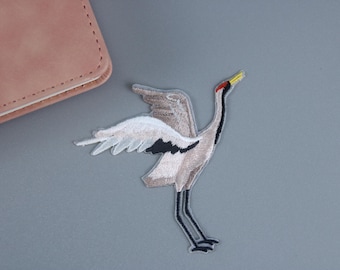 stick on crane patch, bird patch, iron on patch, embroidered patch, applique, patch for jacket, patch for backpack