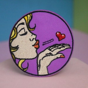 blow a kiss patch, red heart patch, iron on patch, embroidered patch, applique, patch for jacket, patch for backpack
