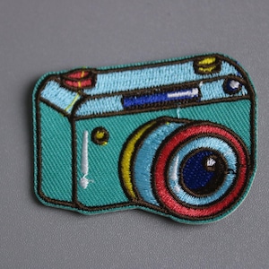 cyan camera patch, vintage, iron on patch, embroidered patch, applique, patch for jacket, patch for backpack