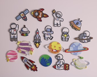set van 18 patches, ruimtepatch, astronaut patch, jet patch, planeet patch, opstrijkbare patch, geborduurde patch, stoffen, voor kinderen,