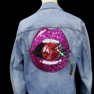 large sequined bite cherry patch, mouth patch, iron on patch, embroidered patch, applique, patch for jacket, patch for backpack 10*10inch