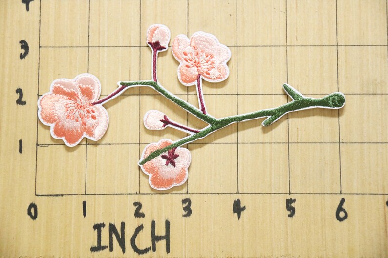 Embroidered Cherry Blossom Branch Patch, Pink Flower Applique (iron-on ...