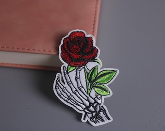 rose patch, skeleton hand patch, flower patch, iron on patch, embroidered patch, applique, patch for jacket, patch for backpack