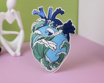 blue wave heart patch, iron on patch, embroidered patch, applique, patch for jacket, patch for backpack