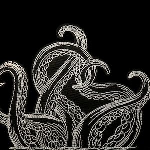 Op de afbeelding: Een witte lijntekening van een octopus met meerdere tentakels op een zwarte achtergrond.