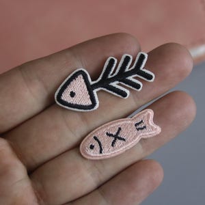 fish and fish bone patch, comic, iron on patch, embroidered patch, applique, patch for jacket, patch for backpack