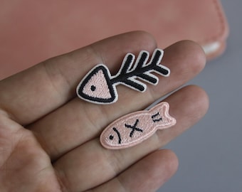 fish and fish bone patch, comic, iron on patch, embroidered patch, applique, patch for jacket, patch for backpack