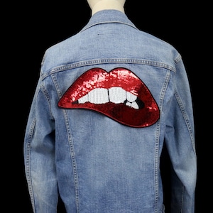 Remendo labial vermelho com lantejoulas grande, remendo de ferro, remendo bordado, apliques, remendo para jaqueta, remendo para mochila 6*11 polegadas