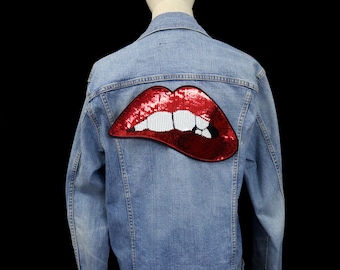 large sequined red bite lip patch, iron on patch, embroidered patch, applique, patch for jacket, patch for backpack 6*11inch