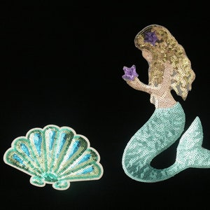 large sequined mermaid patch, sea shell patch, iron on patch, embroidered patch, applique, patch for jacket, patch for backpack