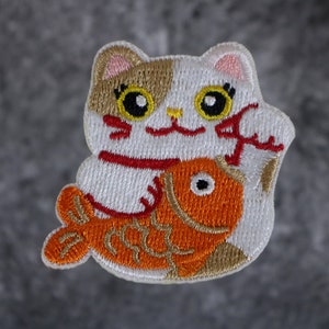 plutus cat with fish patch, lucky cat, iron on patch, embroidered patch, applique, patch for jacket, patch for backpack