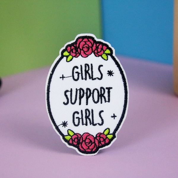 girls support girls patch, rose, girl power, iron on patch, embroidered patch, applique, patch for jacket, patch for backpack