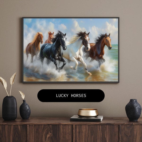 Running Horses Digital Poster - Water Gallop Lucky Horses Art for Living Room Decor